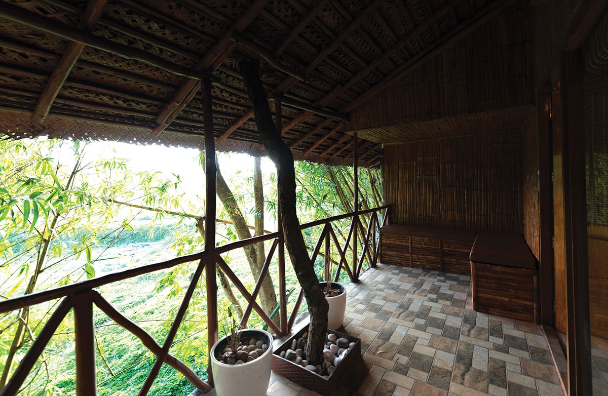 Bamboo Hut balcony with forest view and potted plants