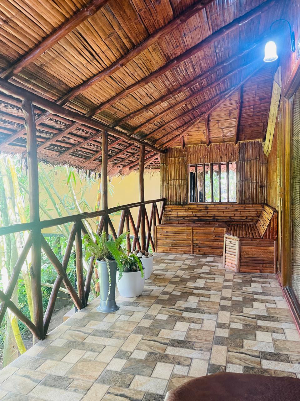 Covered bamboo veranda with seating